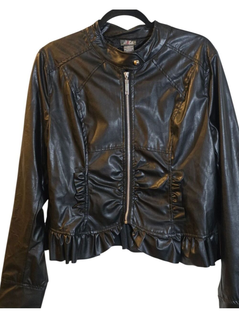 Women's Black Faux Leather Jacket with Ruffle Detail Size XL